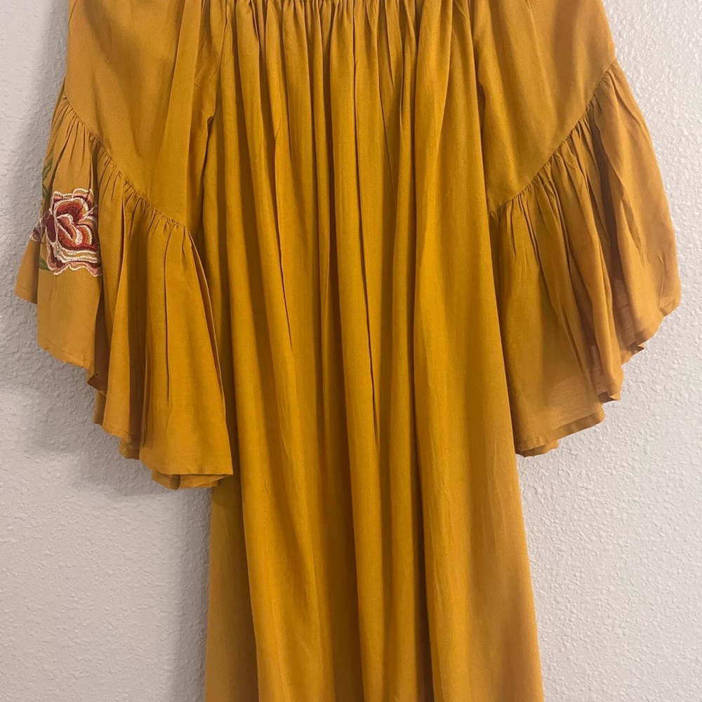Womans flowy Fall dress in mustard with red rose detailing on the sleeves - Picture 3 of 6